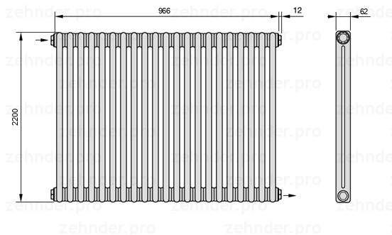 Схема (чертеж) Радиатор Zehnder Charleston 2220/21 №1670 Белый глянцевый RAL 9016